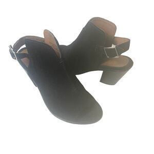 Frye Black Suede Ankle Bootie High Heels Wrap Women's Size 8.5 B Peep Toe Buckle